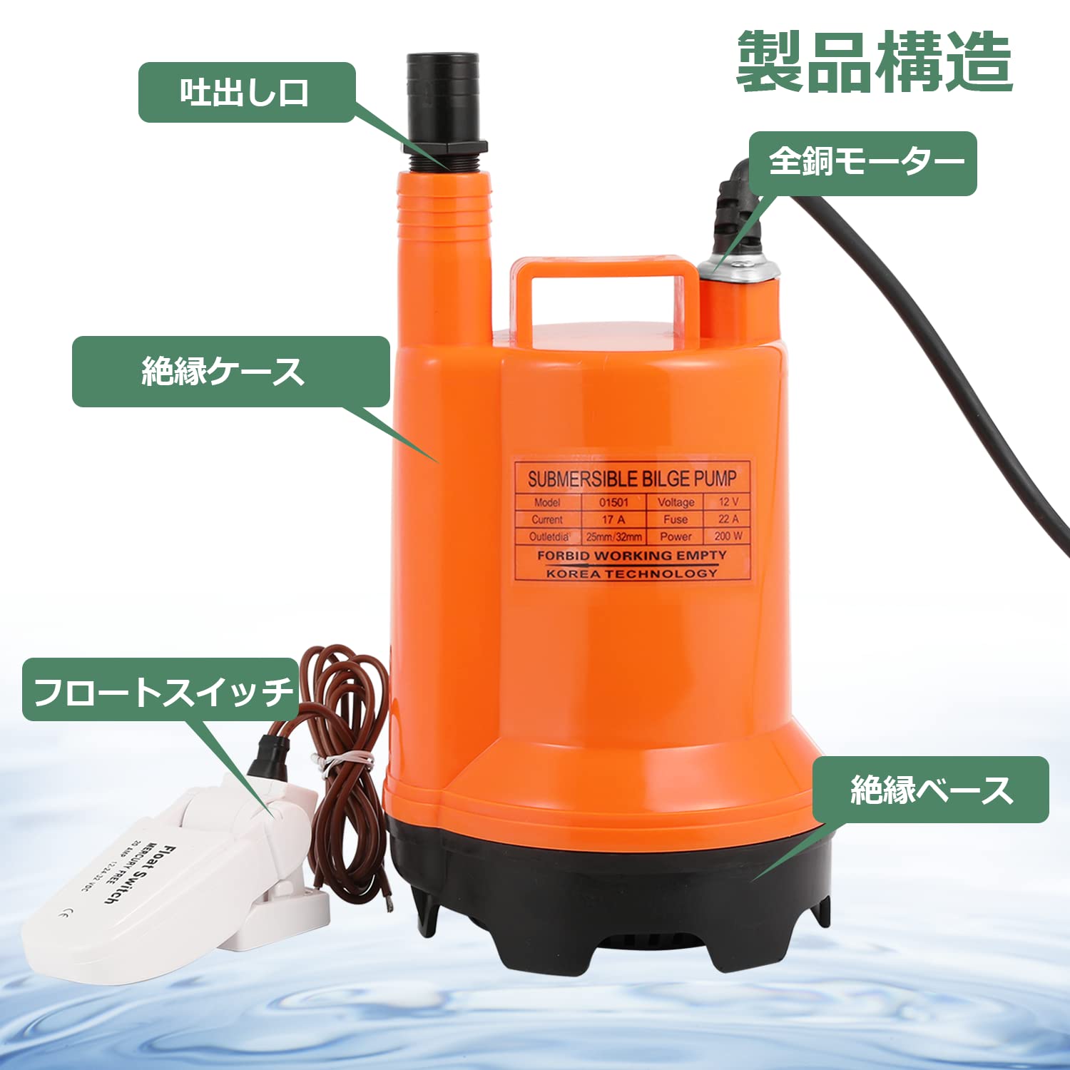 Amazon | Huanyu 水中ポンプ 最大揚程8.5M ビルジポンプ 吐出量85L/分